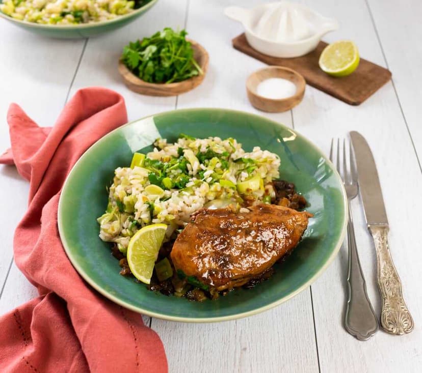 Poulet au citron vert et riz aux poireaux
